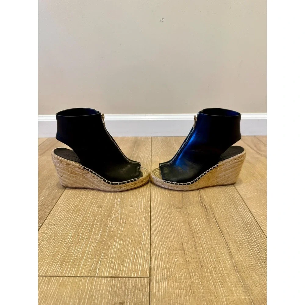 CELINE Women's Black Leather Espadrille Wedge Sandals Open Toe Sz 5 US / 35 EU